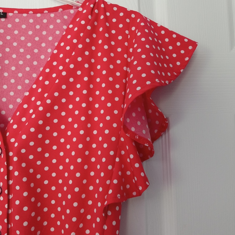 Polka Dot Dress Red A Line Button Up V Neck Midi Ties Large - Picture 4 of 8